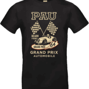 T-shirt noir Grand Prix de Pau style affiche vintage voiture rétro et drapeaux à damier