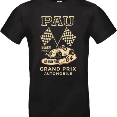 T-shirt noir Grand Prix de Pau style affiche vintage voiture rétro et drapeaux à damier