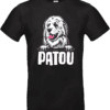 T-shirt noir Patou des Pyrénées avec illustration cartoon du chien montagnard et texte Patou