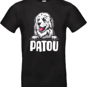 T-shirt noir Patou des Pyrénées avec illustration cartoon du chien montagnard et texte Patou