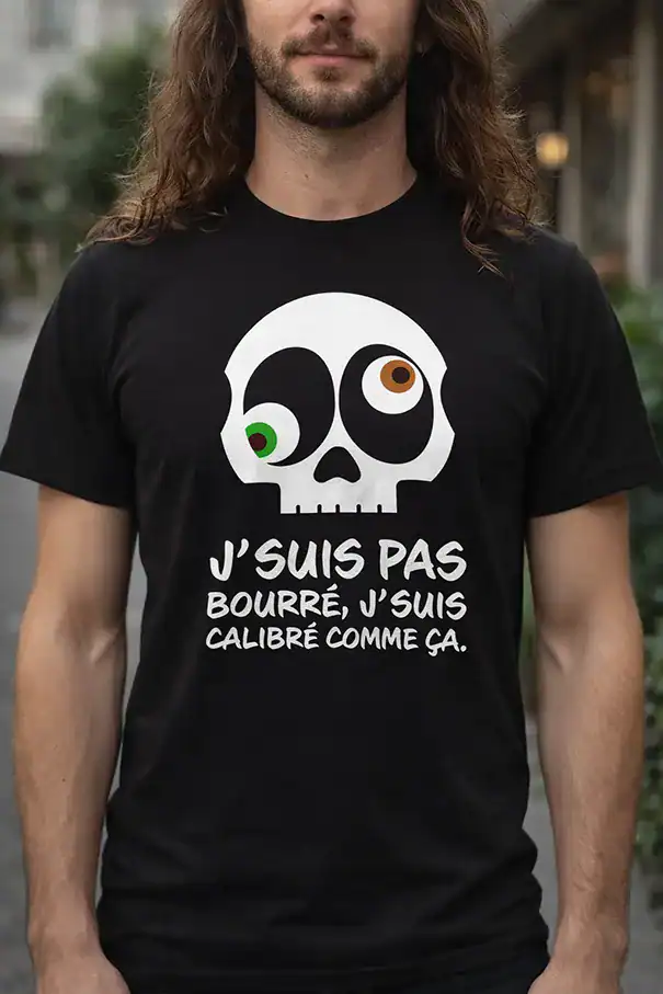 t shirt noir humour tete de mort jsuis pas bourre jsuis calibre comme ça