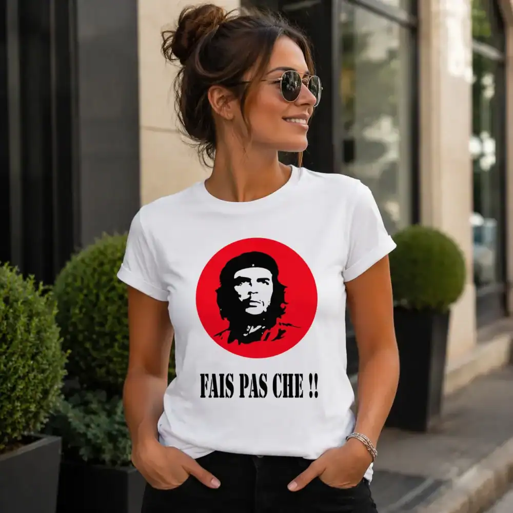 T-shirt fais pas che porté par femme en extérieur urbain