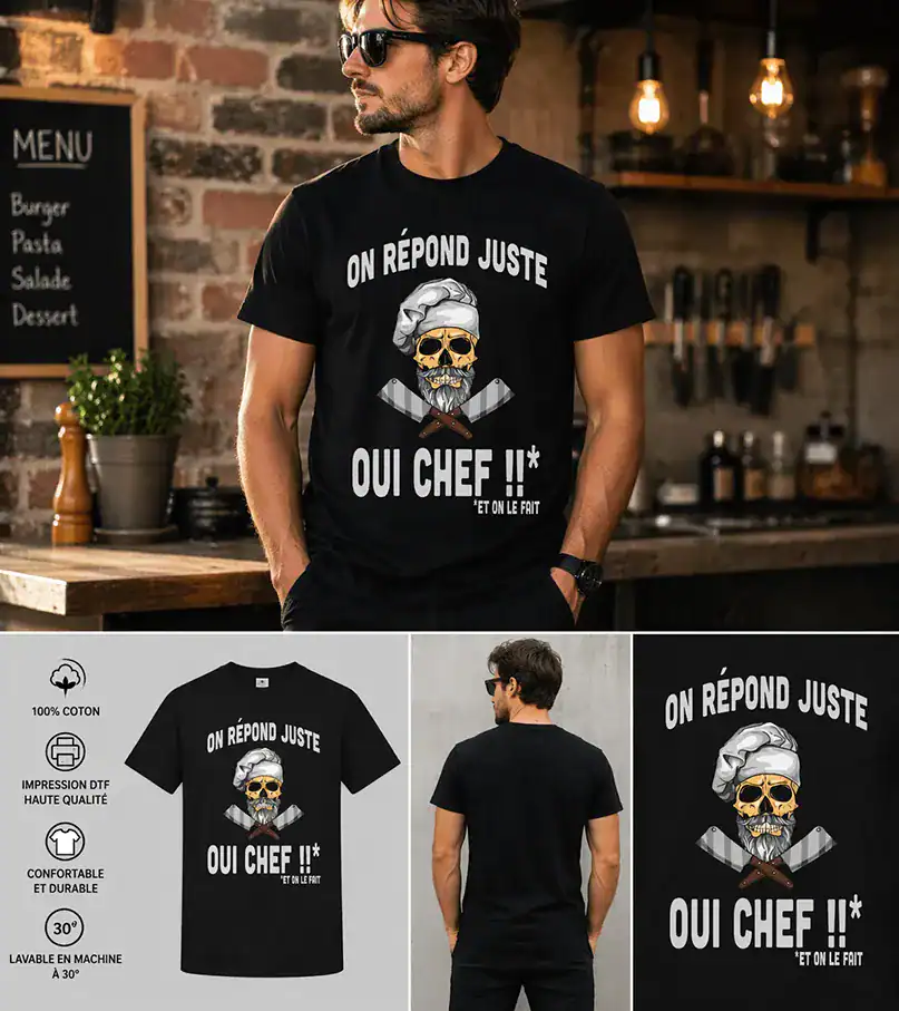 T-shirt homme noir humour cuisine oui chef crâne cuisinier design professionnel cuisine