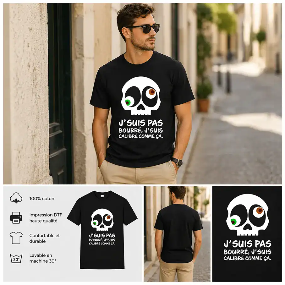 T-shirt humour tête de mort noir homme J’suis pas bourré calibré impression DTF Pilou Shop 64