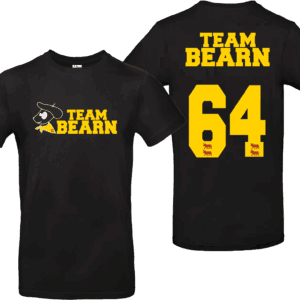 t-shirt noir Team Béarn 64 avec logo Pilou à l’avant et grand chiffre 64 avec vaches du Béarn au dos – Pilou Shop 64