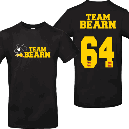 t-shirt noir Team Béarn 64 avec logo Pilou à l’avant et grand chiffre 64 avec vaches du Béarn au dos – Pilou Shop 64