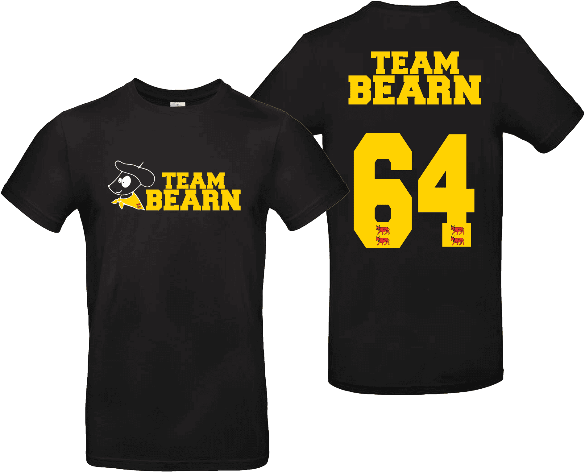 t-shirt noir Team Béarn 64 avec logo Pilou à l’avant et grand chiffre 64 avec vaches du Béarn au dos – Pilou Shop 64