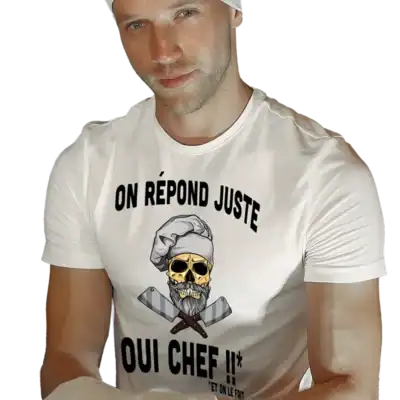 T shirt humour cuisine On répond juste Oui Chef design skull chef noir et blanc SUR UN CHEF