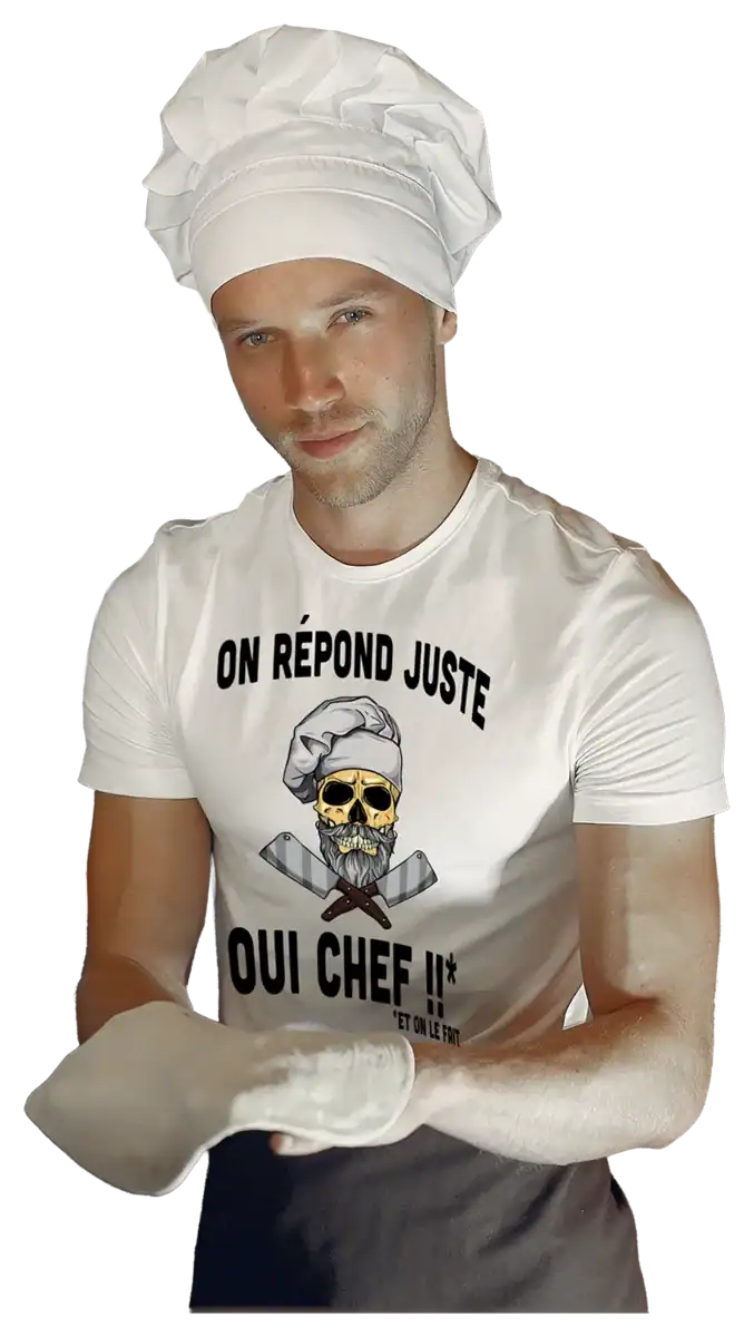 T shirt humour cuisine On répond juste Oui Chef design skull chef noir et blanc SUR UN CHEF