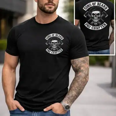 t-shirt noir sons of béarn pau chapter porté homme vue face et dos mockup produit impression dtf pilou shop 64