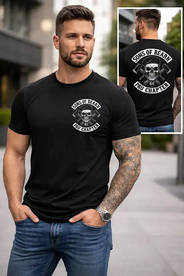 t-shirt noir sons of béarn pau chapter porté homme vue face et dos mockup produit impression dtf pilou shop 64