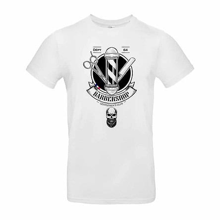 TEE SHIRT BARBERSHOP BLANC POUR LES HOMMES BARBU barbier skull tete de mort a barbe