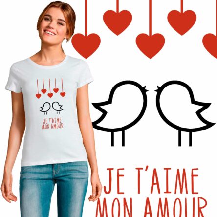 t-shirt femme spécial saint valentin message d'amour je t'aime mon amour oiseaux et coeur