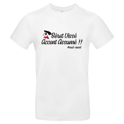 T-shirt BLANC Béret vissé accent assumé avec visuel personnage au béret et foulard rouge #SudOuest