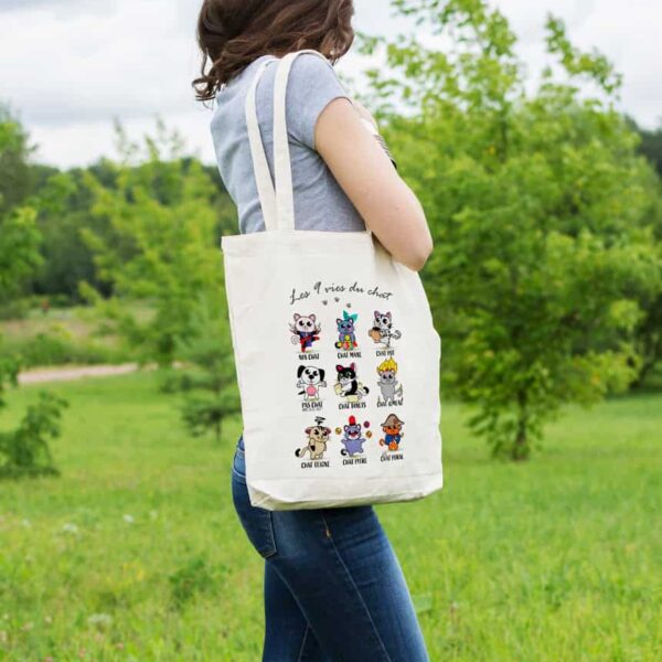 sac tote bag coton les 9 vies du chat illustration
