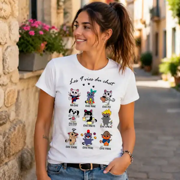 t shirt femme humour chat – les 9 vies du chat