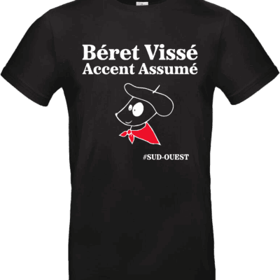 T-shirt noir Béret vissé accent assumé avec visuel personnage au béret et foulard rouge #SudOuest