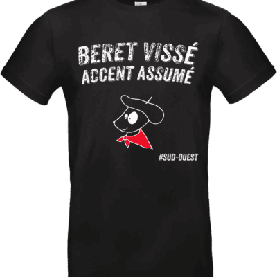T-shirt noir Béret vissé accent assumé avec visuel personnage au béret et foulard rouge #SudOuest