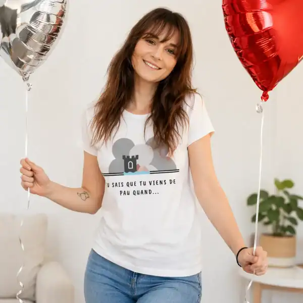 T-shirt tu sais que tu viens de Pau quand porté par femme en intérieur fond clair