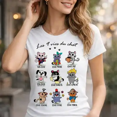T-shirt femme blanc humoristique “Les 9 vies du chat” porté par une jeune femme, illustration de chats colorés avec jeux de mots, impression DTF haute qualité Pilou Shop 64