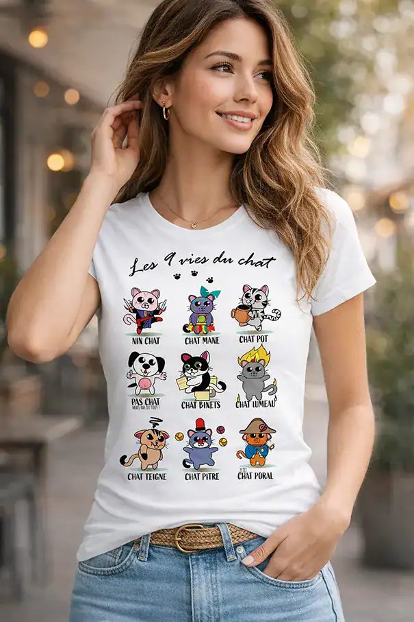 T-shirt femme blanc humoristique “Les 9 vies du chat” porté par une jeune femme, illustration de chats colorés avec jeux de mots, impression DTF haute qualité Pilou Shop 64