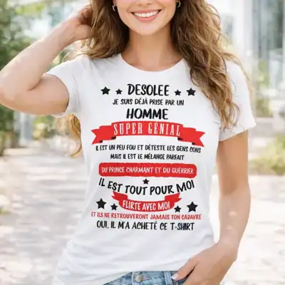 t shirt femme BLANC humour deja prise par un homme super genial design rouge blanc porté mockup Pilou Shop 64