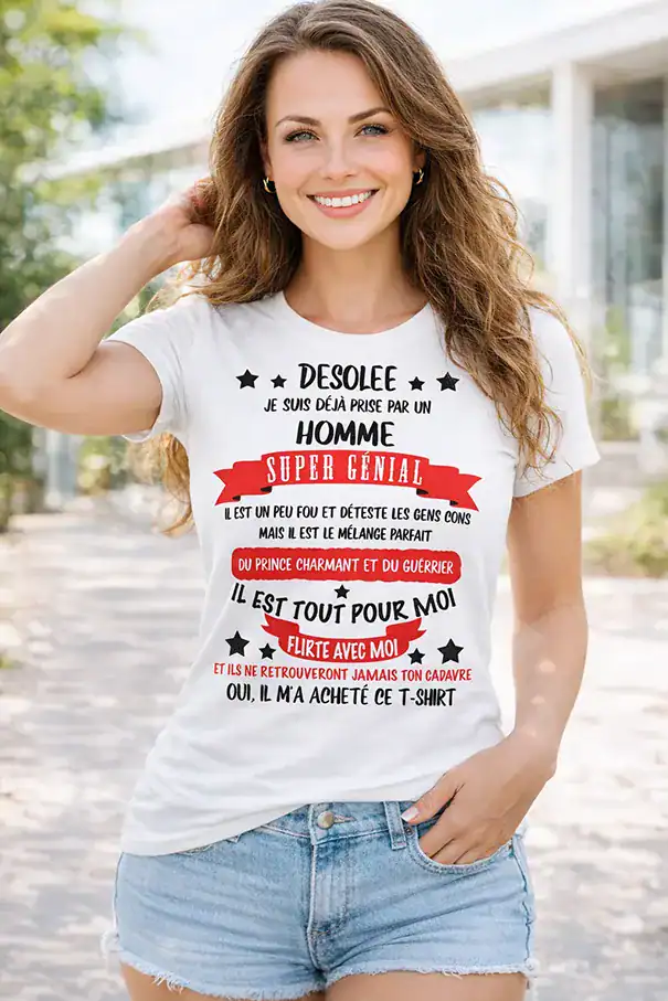t shirt femme BLANC humour deja prise par un homme super genial design rouge blanc porté mockup Pilou Shop 64