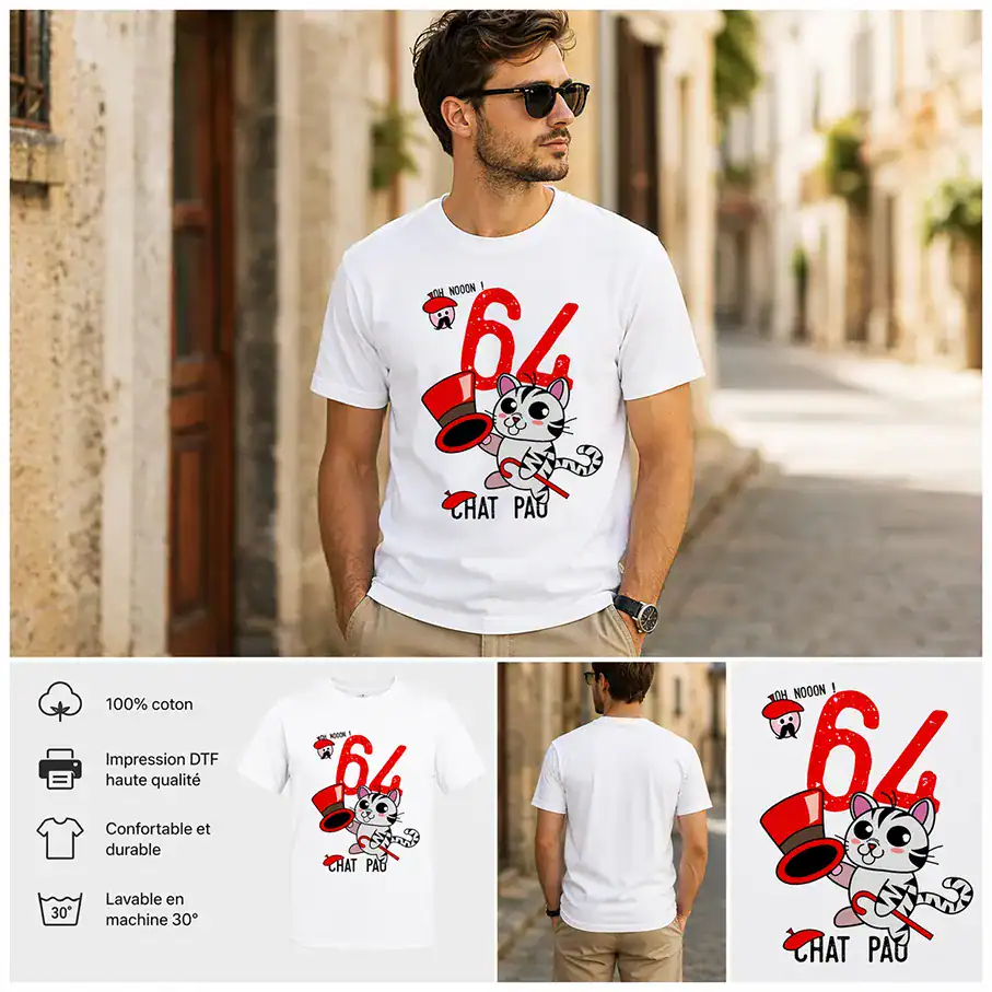 t shirt humour “64 chat pau” – l’esprit du sud ouest version fun