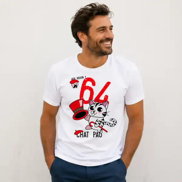 T-shirt chat pau 64 porté par homme fond neutre