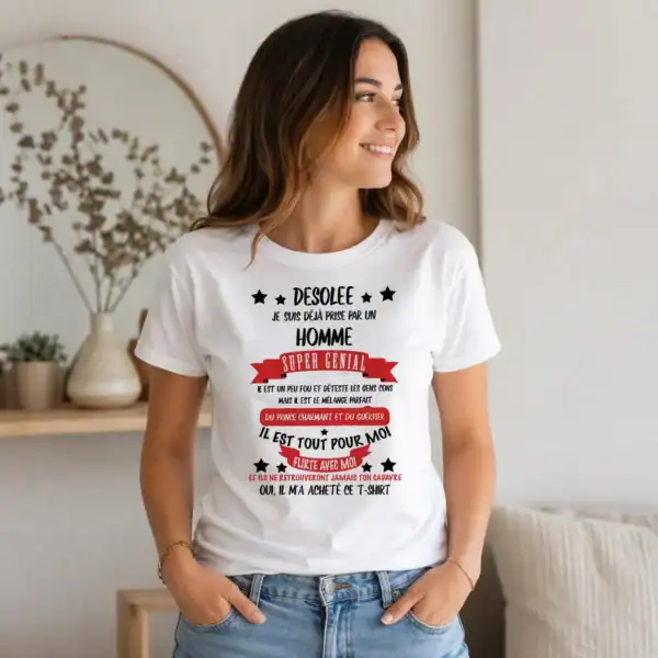 t shirt femme humour “déjà prise par un homme super génial” – cadeau couple original