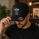 Homme portant une casquette noire Flexfit personnalisée avec texte logo ou photo dans une ambiance lifestyle premium