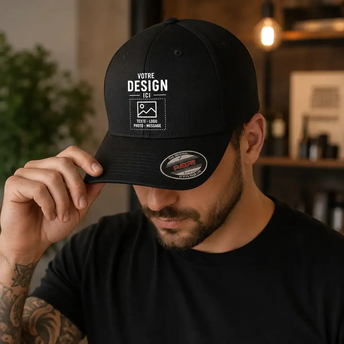 Homme portant une casquette noire Flexfit personnalisée avec texte logo ou photo dans une ambiance lifestyle premium