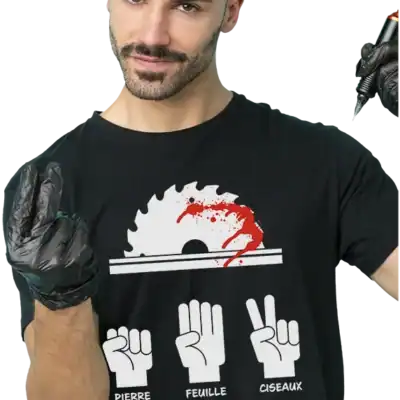 t shirt humour scie circulaire pierre feuille ciseaux visuel drôle noir et blanc pilou shop 64