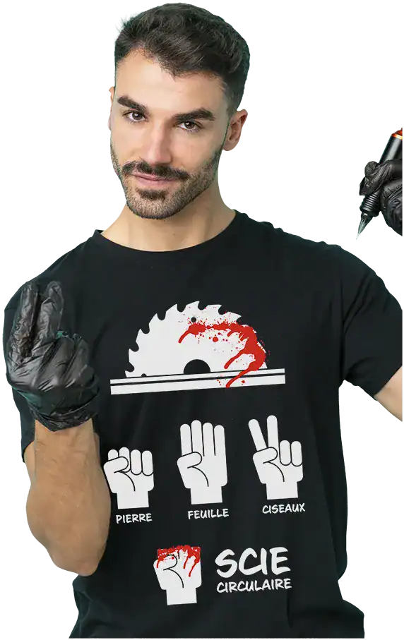 t shirt humour scie circulaire pierre feuille ciseaux visuel drôle noir et blanc pilou shop 64