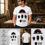 T-shirt homme blanc humour bricolage pierre feuille ciseaux scie circulaire design chantier artisan
