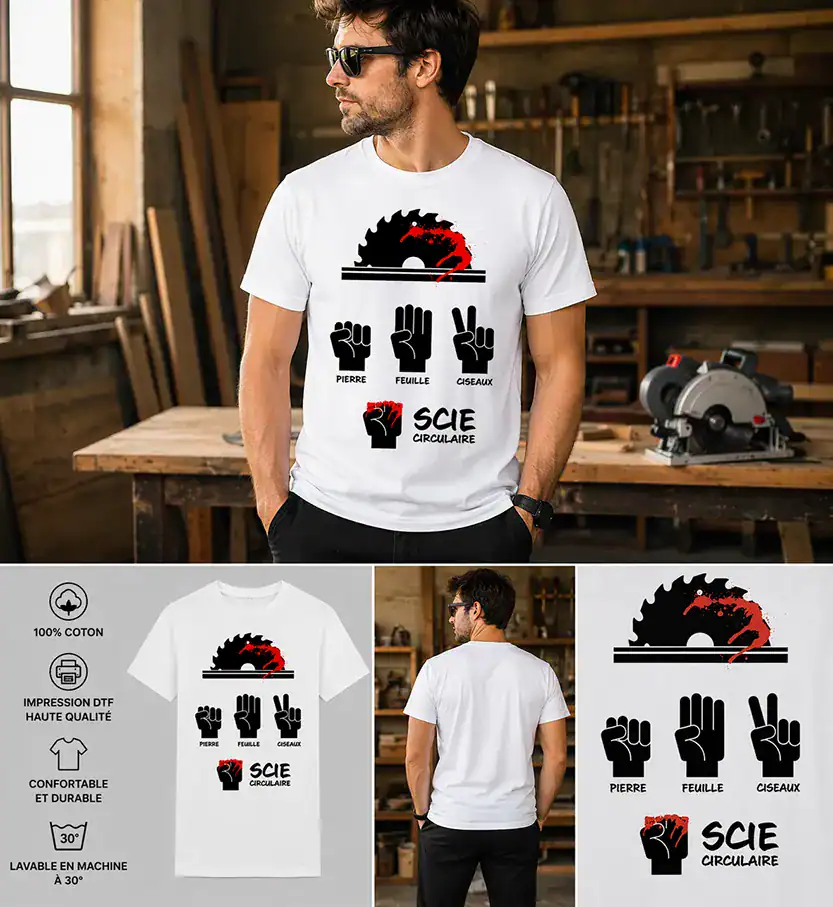 T-shirt homme blanc humour bricolage pierre feuille ciseaux scie circulaire design chantier artisan