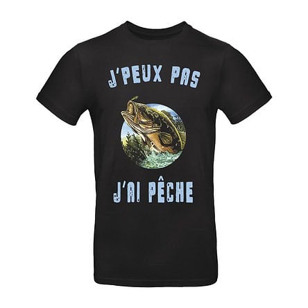 T-shirt humoristique noir avec texte et poisson.