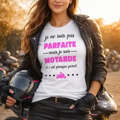 t-shirt femme motarde noir humour je ne suis pas parfaite mais je suis motarde porté par femme rousse sur moto image produit Pilou Shop 64
