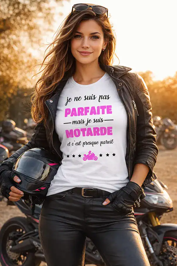 t-shirt femme motarde noir humour je ne suis pas parfaite mais je suis motarde porté par femme rousse sur moto image produit Pilou Shop 64