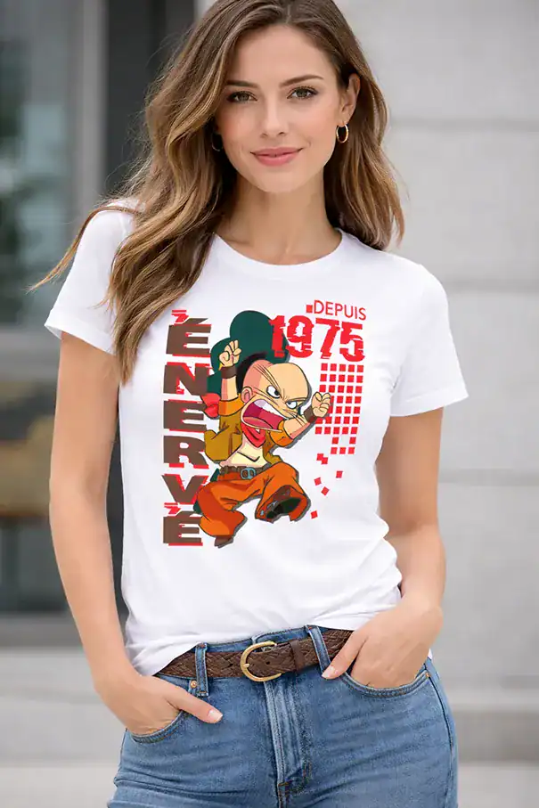 t shirt blanc design personnage énervé depuis 1975 impression DTF premium femme porté
