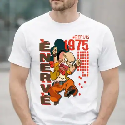 t shirt blanc design personnage énervé depuis 1975 impression DTF premium homme porté