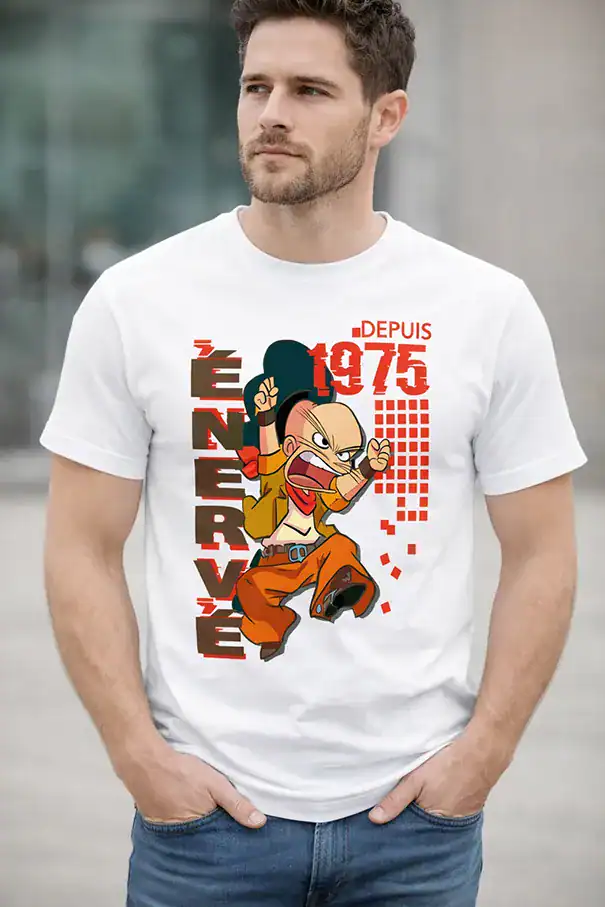 t shirt blanc design personnage énervé depuis 1975 impression DTF premium homme porté