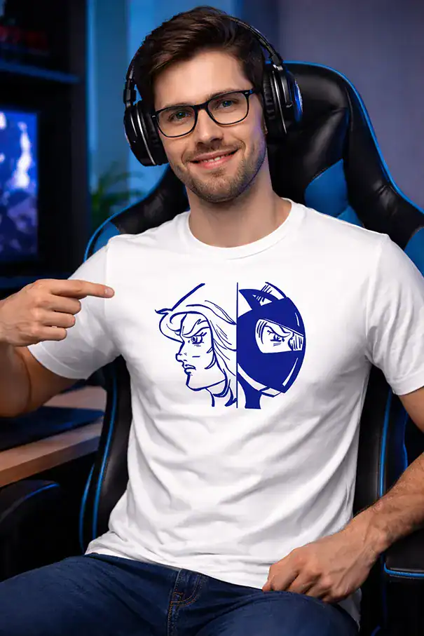 t shirt blanc porté actarus rider double identite manga casque pilote impression dtf pilou shop 64