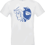 T-shirt blanc Transformation Actarus style manga rétro avec visuel double visage héros et casque.