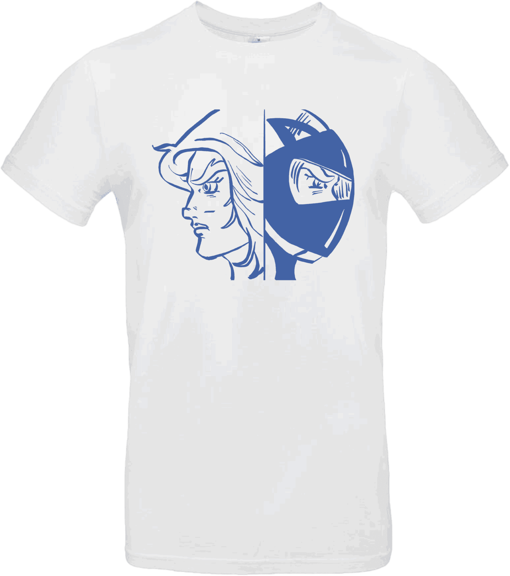 T-shirt blanc Transformation Actarus style manga rétro avec visuel double visage héros et casque.