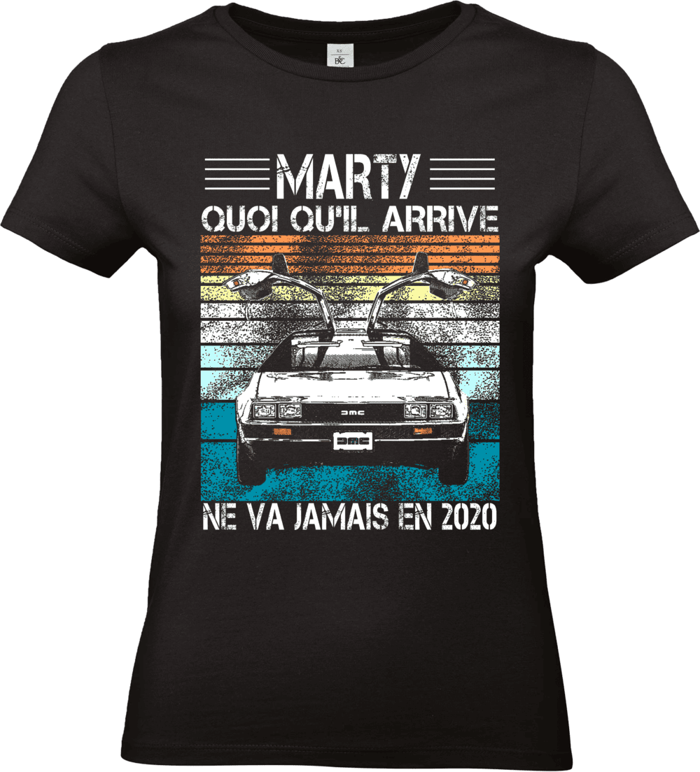 T-shirt noir DeLorean, texte humoristique.