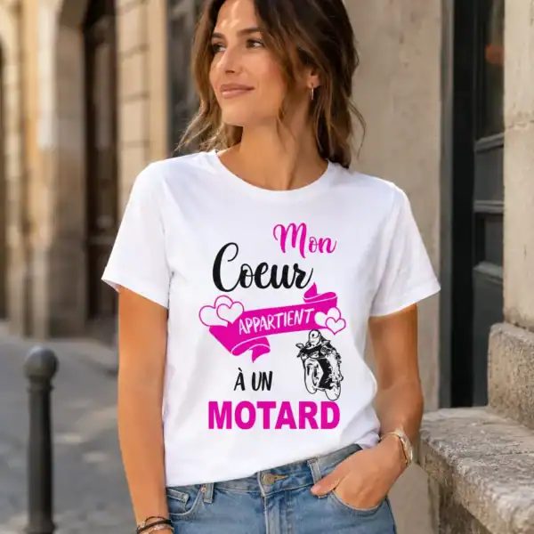 T-shirt mon cœur appartient à un motard porté par femme en extérieur urbain