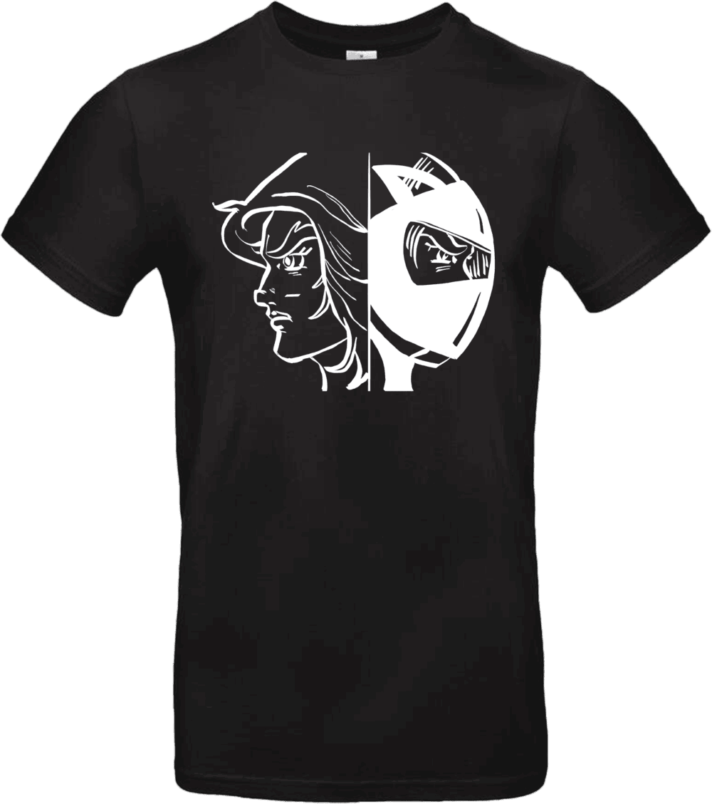 T-shirt noirTransformation Actarus style manga rétro avec visuel double visage héros et casque.