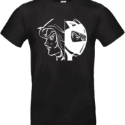 T-shirt noirTransformation Actarus style manga rétro avec visuel double visage héros et casque.