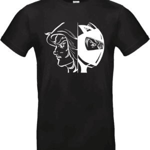 T-shirt noirTransformation Actarus style manga rétro avec visuel double visage héros et casque.
